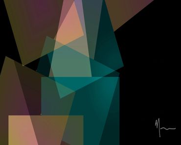 Abstract overlapping geometric shapes in muted colors on a black background.