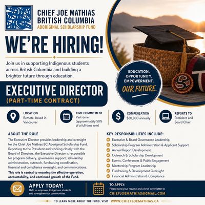 Job ad for Executive Director supporting Indigenous students in BC through education scholarships.