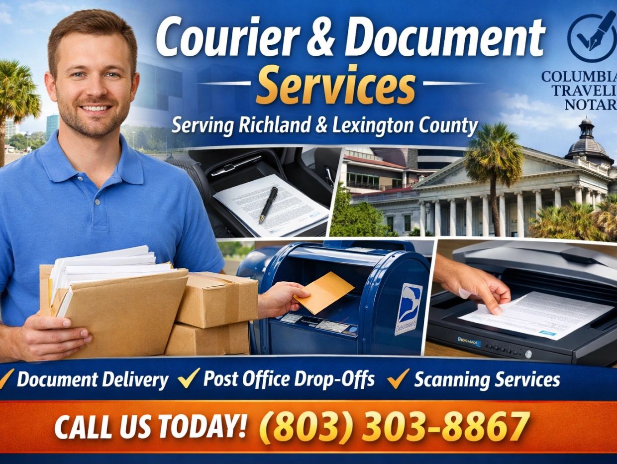 Traveling notary services offering document delivery, post office drop-offs, and scanning in Richland and Lexington County.