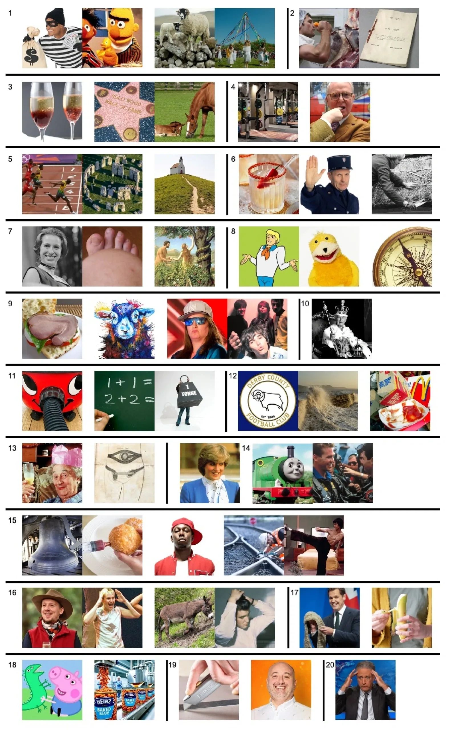 Collage of diverse images in 20 numbered groups, showing people, animals, objects, and scenes.