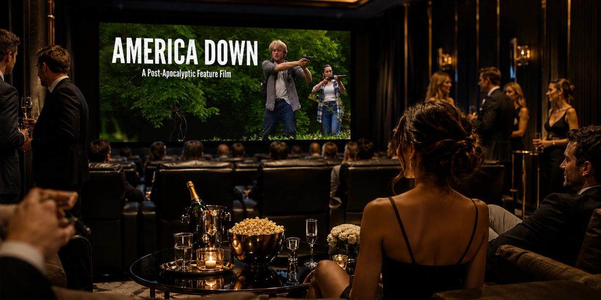 Luxurious movie screening event with people socializing and watching a post-apocalyptic film.