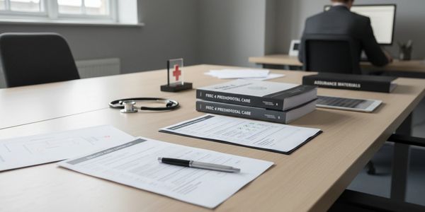 Medical documents and stethoscope on a desk with a person working in the background.