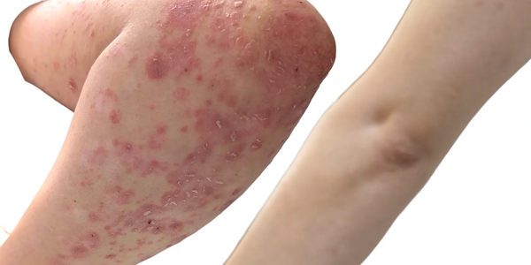 Inflamed, red, and scaly skin rash on an elbow.