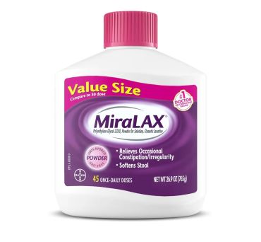 Bottle of MiraLAX laxative powder with purple label.