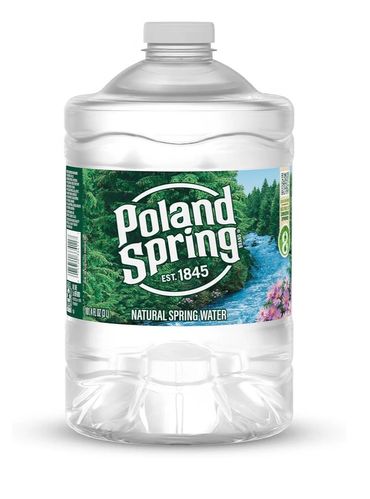 Poland Spring natural spring water in a large plastic bottle.