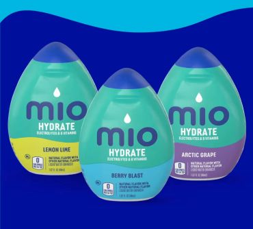Three Mio Hydrate electrolyte bottles in different flavors.