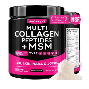 Multi collagen peptides supplement container with powder.