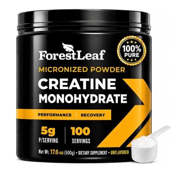 ForestLeaf Creatine Monohydrate powder container with scoop.