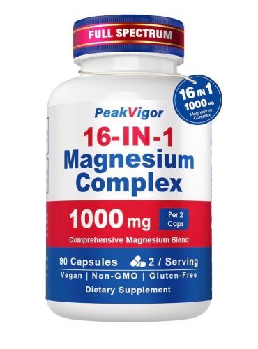 Bottle of PeakVigor 16-in-1 Magnesium Complex supplement.
