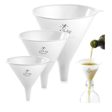 Set of three white plastic funnels of different sizes.
