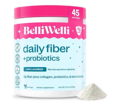 BelliWelli daily fiber supplement with probiotics and collagen powder.