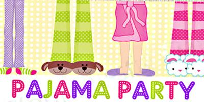 Colorful illustration of pajama-clad legs and slippers with text 'Pajama Party'.