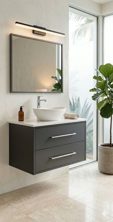 Minimalist bathroom vanity with a vessel sink and large mirror.