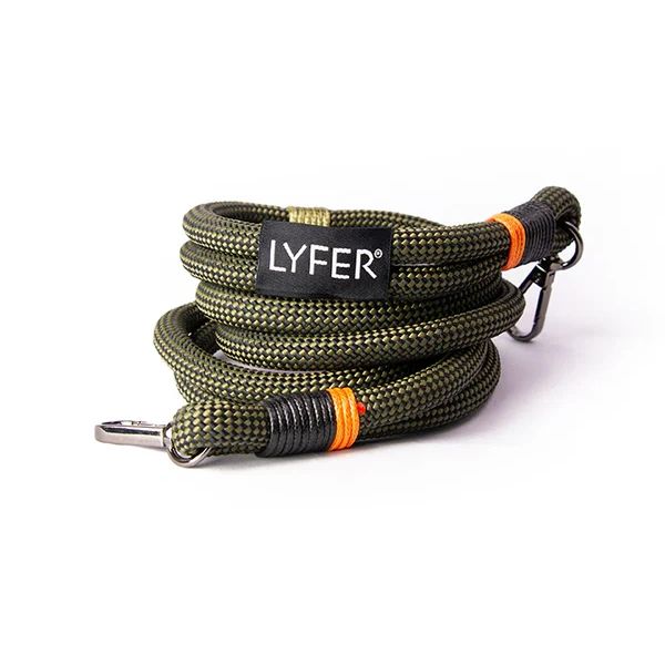 Coiled green and black LYFER branded rope with metal hooks and orange accents.