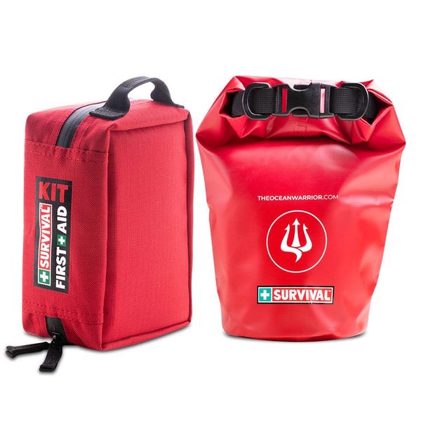 Red survival kit and waterproof bag for emergency first aid.