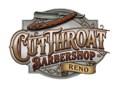 Logo of Cutthroat Barbershop featuring a straight razor and decorative text.
