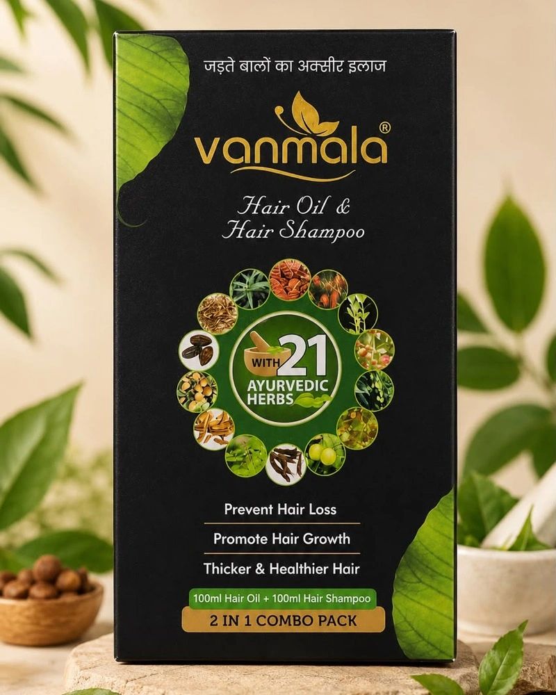 Vanmala Herbal Hair Oil &amp; Shampoo combo with 21 Ayurvedic herbs.