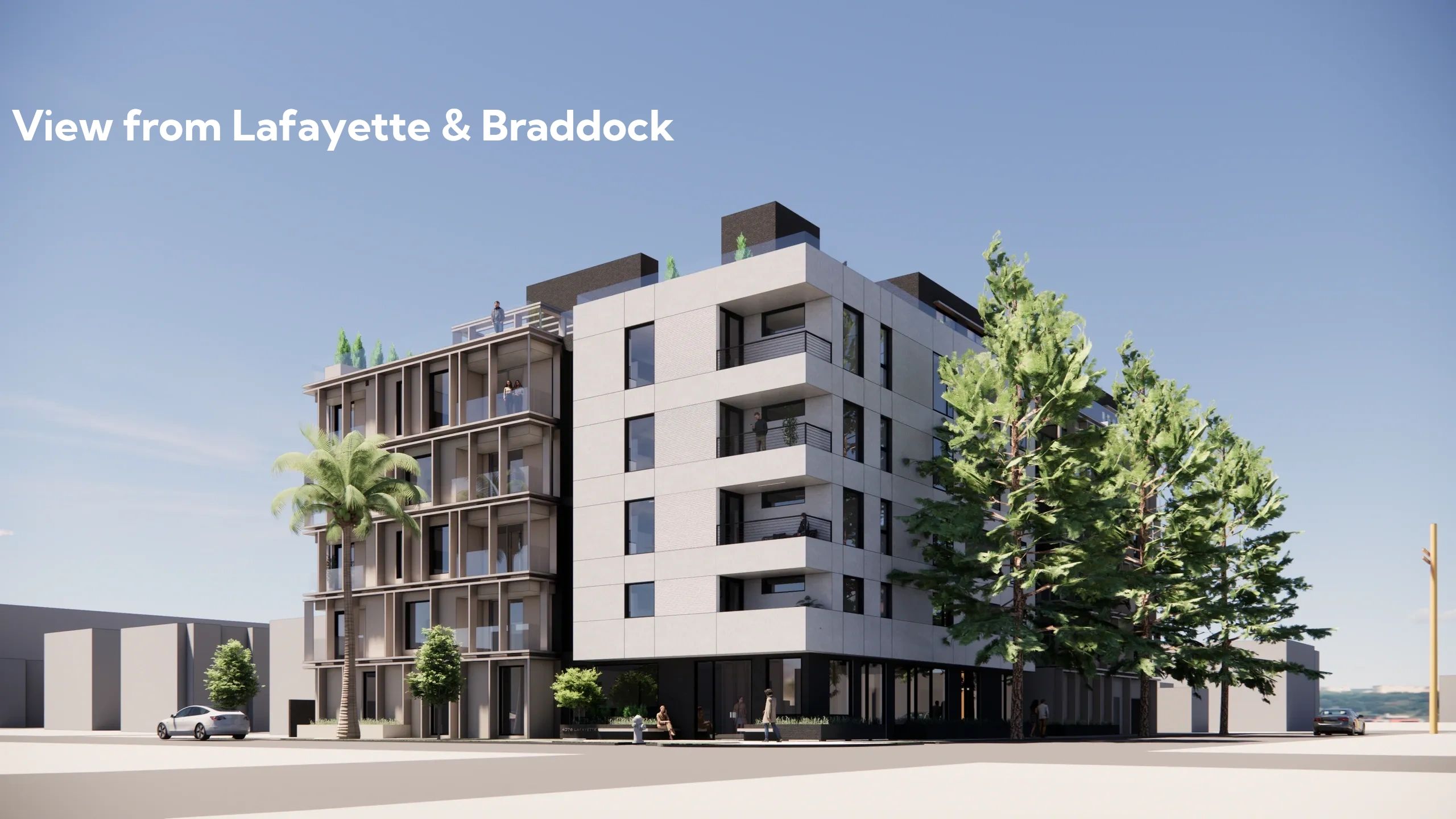 Modern apartment building at Lafayette &amp; Braddock with trees and clear skies.