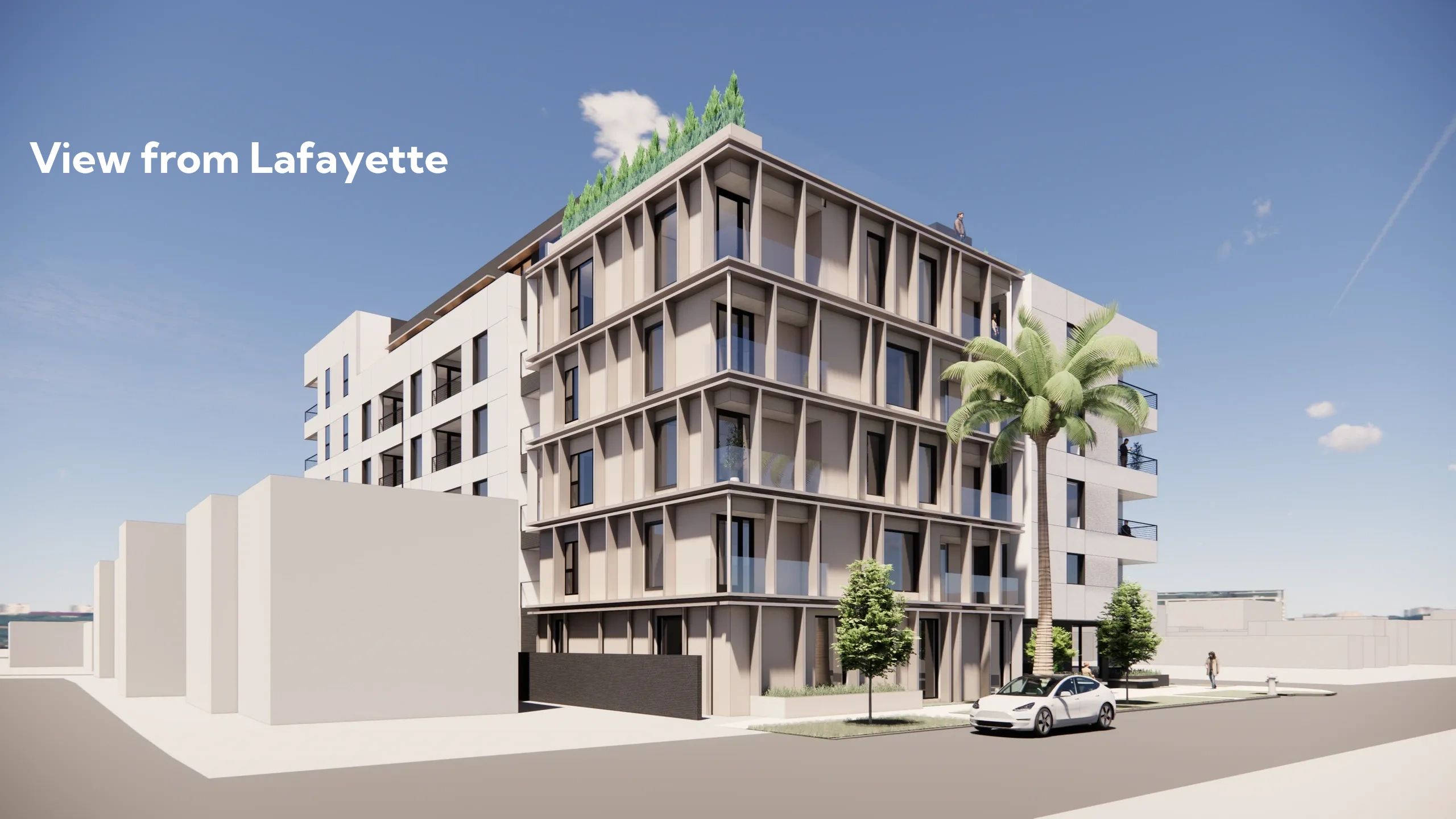 Modern multi-story building with palm tree and parked car under clear blue sky.