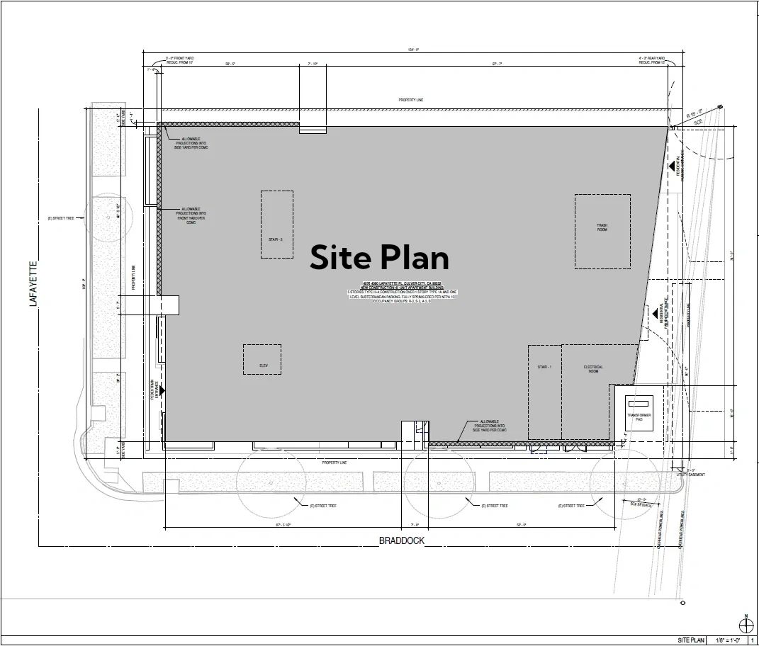 Architectural site plan detailing property layout and key building features.