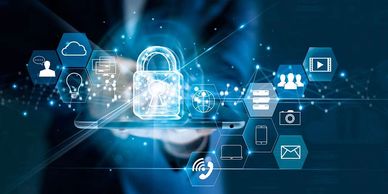 Digital padlock and icons representing cybersecurity and data protection.