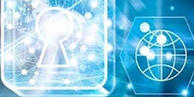 Digital security concept with a glowing keyhole and network globe icons.
