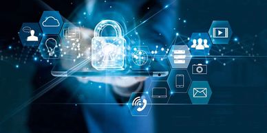 Digital security concept with a glowing keyhole and network globe icons.