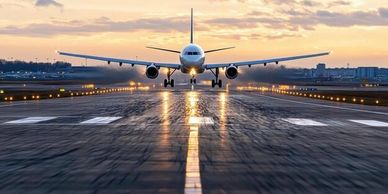 Airplane preparing for takeoff on runway at sunset.