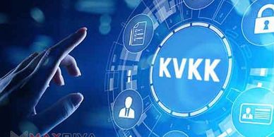 Hand interacting with digital interface displaying KVKK and security icons.