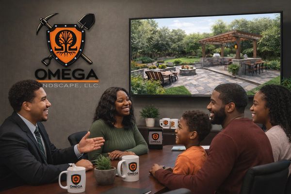 Designer, Kieran Coyne meeting with clients going over there outdoor living design. 