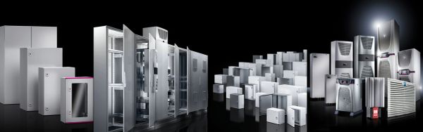 Variety of electronic enclosures and cabinets on display.