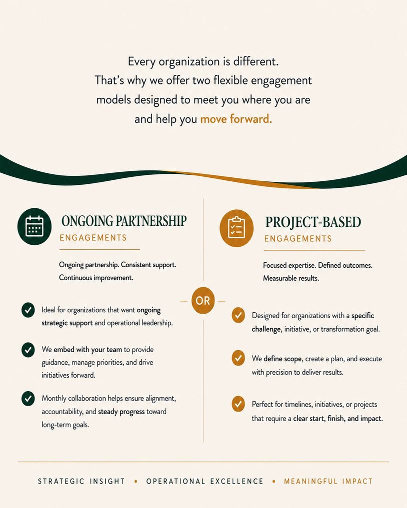 Comparison of ongoing partnership and project-based engagement models for organizational support and outcomes.