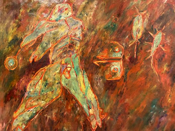 Early human figures hunting in rock art

