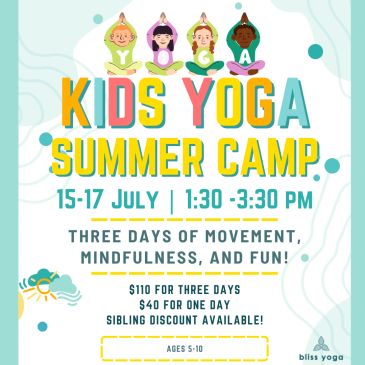 Kids Yoga Summer Camp poster with event details.