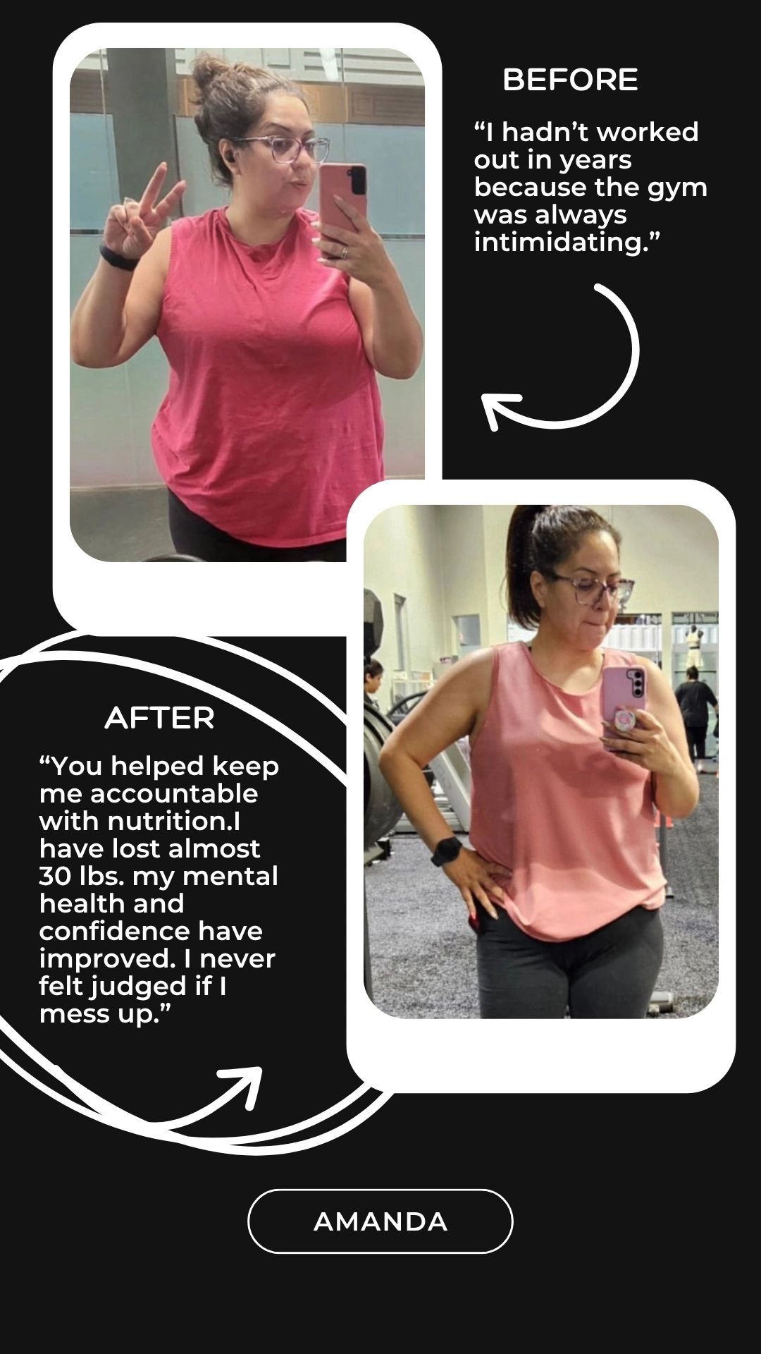 Amanda's inspiring fitness journey shows impressive weight loss and boosted confidence.