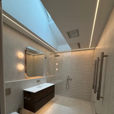 Modern bathroom with skylight and walk-in shower.