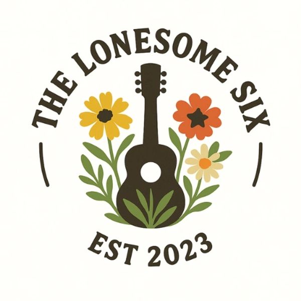 Logo with guitar and flowers for The Lonesome Six, established 2023.