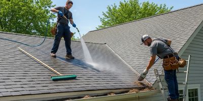 Two workers cleaning a roof and gutters with water and tools on a sunny day.