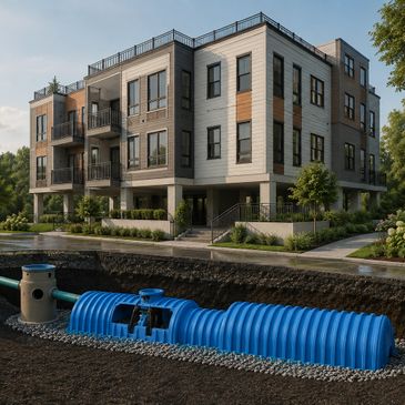 Modern apartment building with a blue underground drainage system in front.