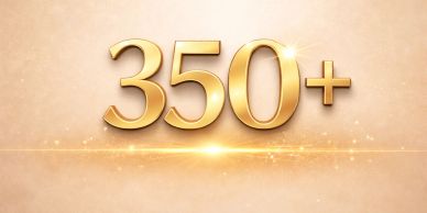 Golden text reading '350+' on a glowing background.