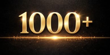 Golden 1000+ symbol on dark background.