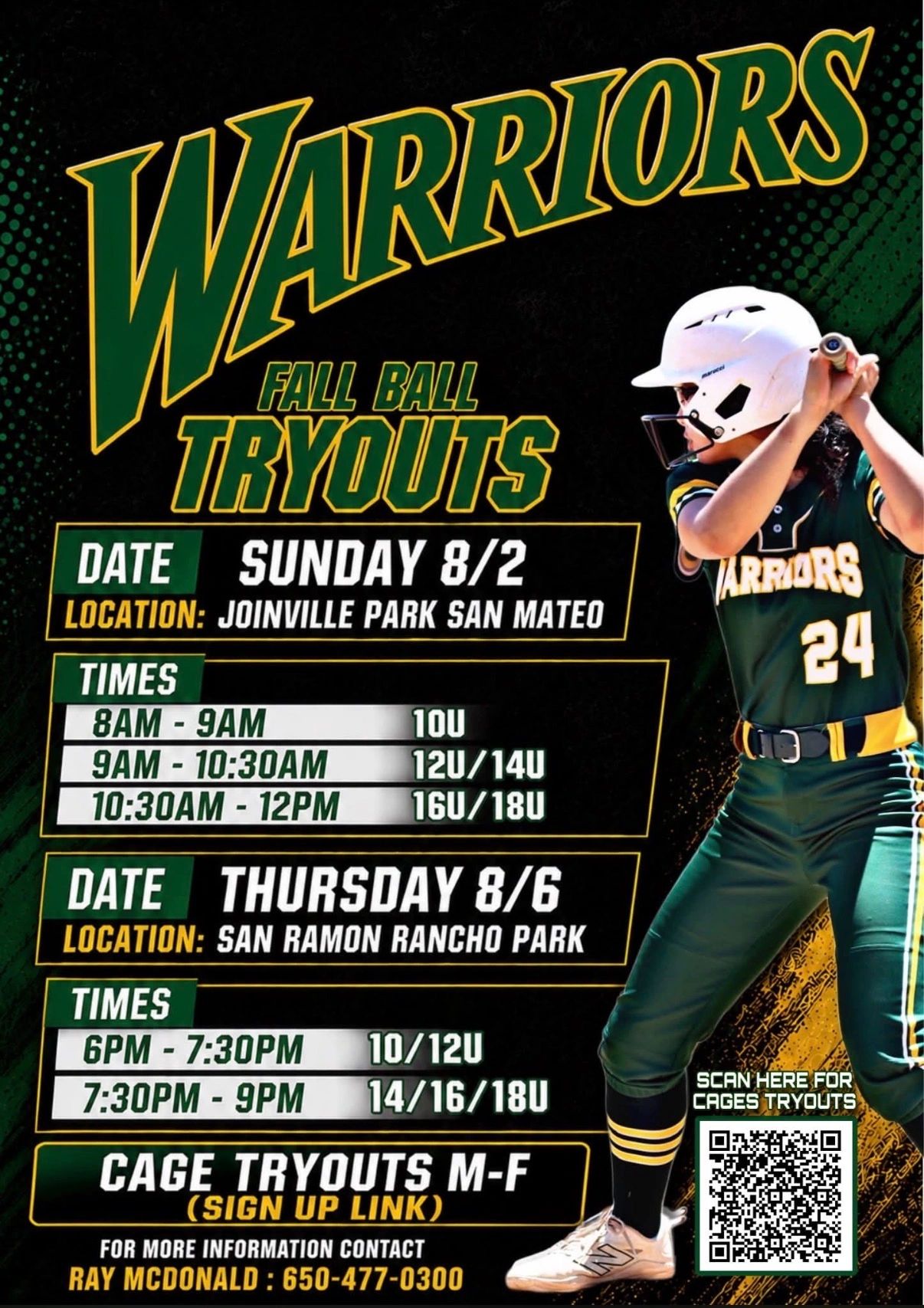 Warriors Fall Ball Tryouts dates and times.