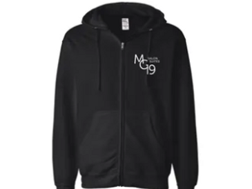 Black zip-up hoodie with white text on the chest.