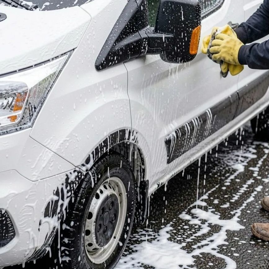Person washing a white van with soap and cloth.