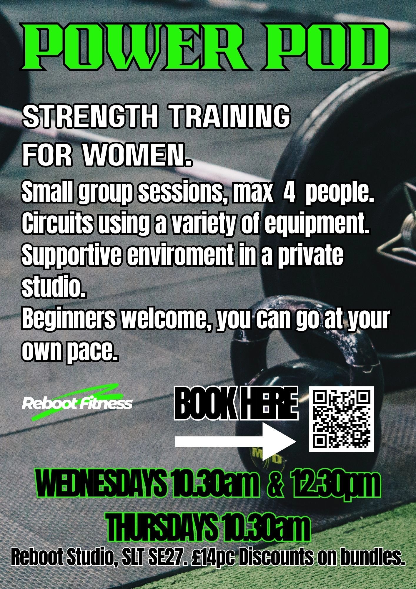 POSTER FOR NEW STRENGTH TRAINING FOR WOMEN CLASS, KETTLEBELLS, DUMBBELLS, BARBELLS, HAND WEIGHTS AND