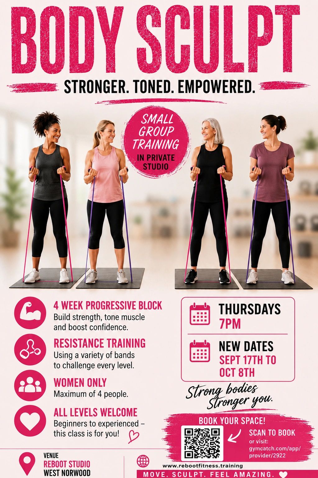 Body sculpt training for women with resistance bands in small groups.