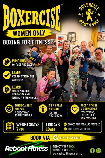 Women-only boxing fitness class promoting technique and confidence.