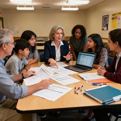 Group meeting with diverse adults and children discussing documents around a table.