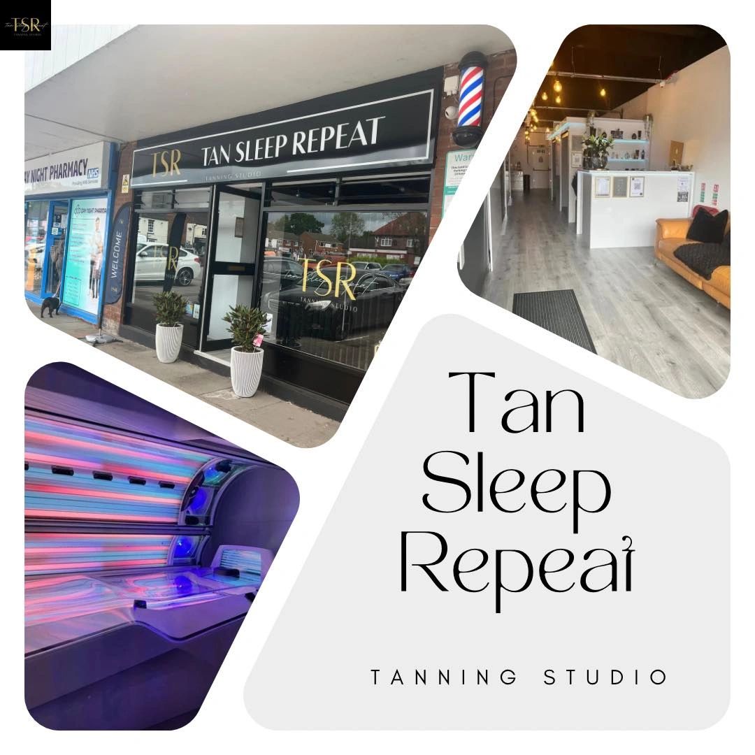 Exterior, interior, and tanning bed images of Tan Sleep Repeat tanning studio.