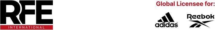 RFE International logo with Adidas and Reebok global licensee text and logos.